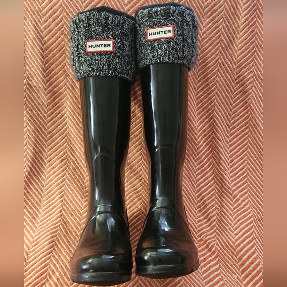 Hunter Black Tall Rain Boots with Knit Cuffs - Picture 1 of 6